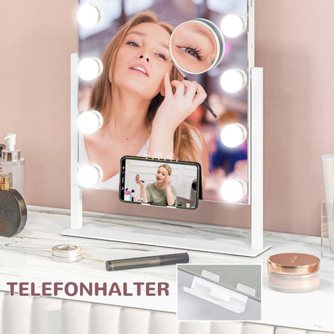 Rootz LED Makeup Mirror - Hollywood Vanity Mirror - Dressing Table Mirror - 12 LED Lamps - Adjustable Brightness - Cell Phone Holder - USB Port - 36.5cm x 45.5cm x 8.5cm