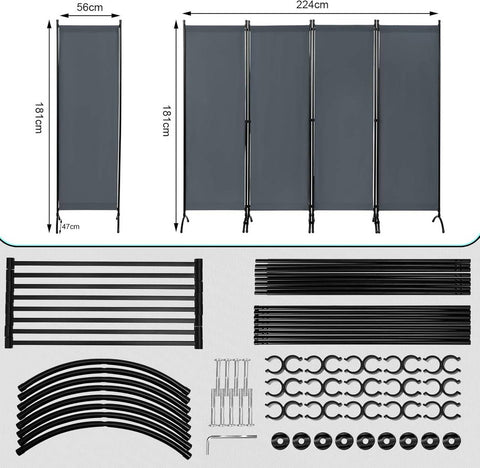 Rootz Room Divider Screen - Privacy Partition - Folding Privacy Screen - PA Coated Fabric - 224cm x 181cm - Weatherproof - Outdoor Privacy Screen