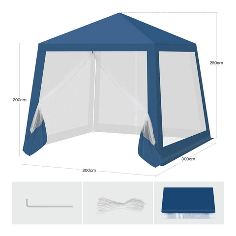 Rootz 3x3m Pavilion Party Tent - Event Canopy - Outdoor Gazebo - UV Protection - Metal Frame - Blue, 300 x 250 x 300 cm