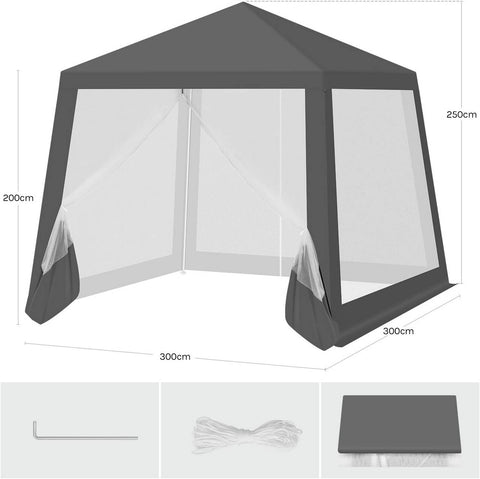 Rootz Pavilion Party Tent - Gazebo - Event Shelter - UV Protection - 3x3 m - Metal Frame - Grey