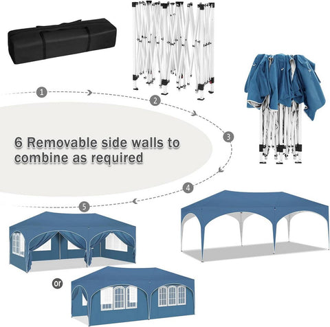 Rootz Gazebo 3x6m Blue – Party Tent, Outdoor Canopy, Event Shelter – UV 50+ Protection, Water-Repellent, Height Adjustable (250-258cm)