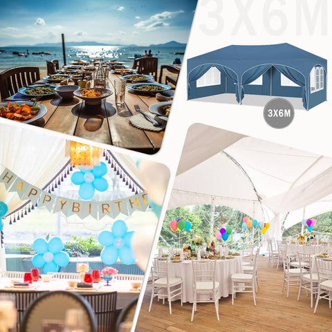 Rootz Gazebo 3x6m Blue – Party Tent, Outdoor Canopy, Event Shelter – UV 50+ Protection, Water-Repellent, Height Adjustable (250-258cm)