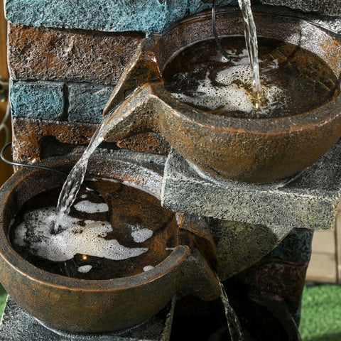 Rootz Garden Fountain - Brick Look - 5-Tier Cascade - Solar Powered - LED Lights - 107cm - Weatherproof Resin - Grey/Brown