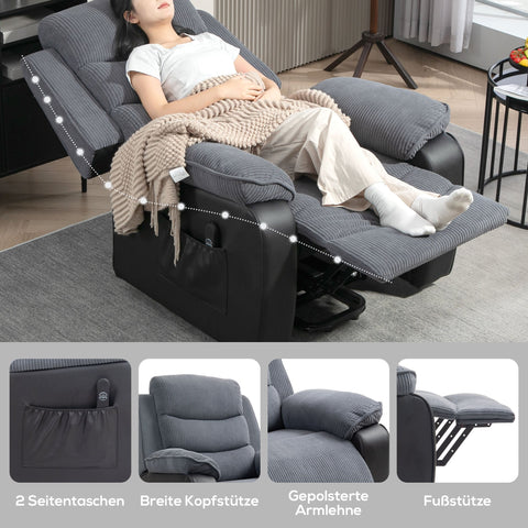 Rootz Riser Recliner Chair - Stand-Up Chair - Electric TV Chair - Remote Control - 96cm x 96cm x 108cm - Grey Corduroy Cover