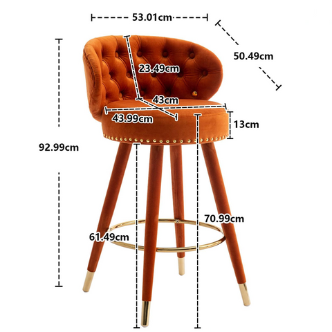 Rootz Velvet Bar Stool - Retro Stools - Luxurious Seats - 360° Rotation - Dimensions: 53cm x 50.5cm x 93cm