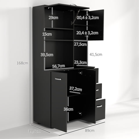 Rootz Kitchen Chest of Drawers - Multipurpose Cabinet, Storage Unit - Elegant Design - Large Storage Area - 89L x 39.5B x 168H cm, Black