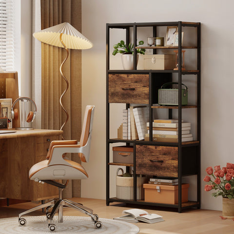 Rootz Storage Shelf - Bookcase - Freestanding Organizer - 2 Fabric Drawers, 9 Compartments, Sturdy Steel Frame, Rustic Brown+Black, 72.5x30x150 cm