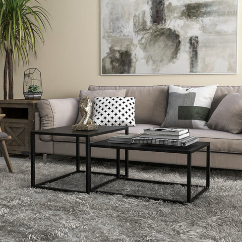 Rootz Industrial Coffee Tables Set - Nested Tables - Space-Saving Design - Matt Black Steel - 72cm x 45cm x 37cm, 60cm x 47cm x 45cm