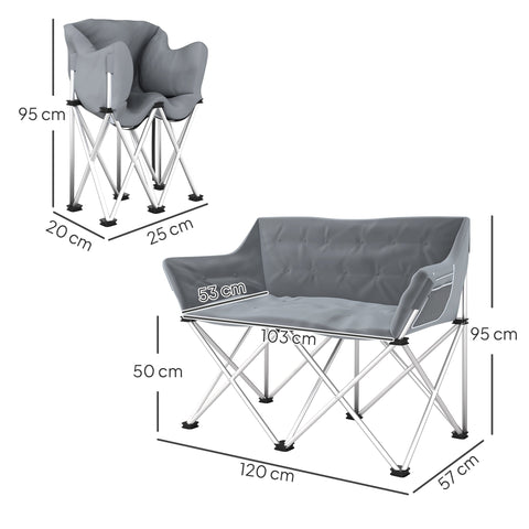Rootz Folding Chair 2 Seat - Camping Chair - Foldable Chairs - Holds 240kg - Grey - 120cm x 57cm x 95cm
