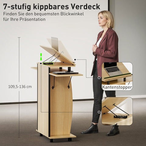 Rootz Rollable Panel Stand - Laptop Table - Standing Desk with Adjustable Wings - Brown Look - 126x37x136 cm - Enhances Workspace Efficiency