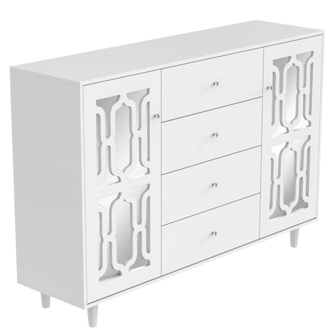 Rootz White Mirrored Sideboard - Luxury Storage Unit - Elegant Cabinet - Crystal Handles - Easy Assembly - 147.5L x 40W x 102H cm