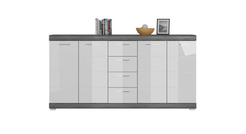 Rootz Sideboard Scout - Wood Material - White High-Gloss Deep-Drawn Front - Smoke Silver Imitation - 165cm x 85cm x 37cm - FSC Certified