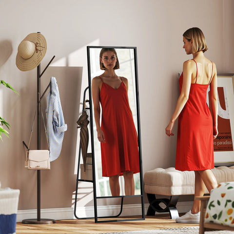 Rootz Full Body Mirror - Standing Mirror - Dressing Mirror - Industrial Design, Metal Frame, Black, 157 x 50 cm, Rear Shelf, 2 Hooks, Safe & Chic
