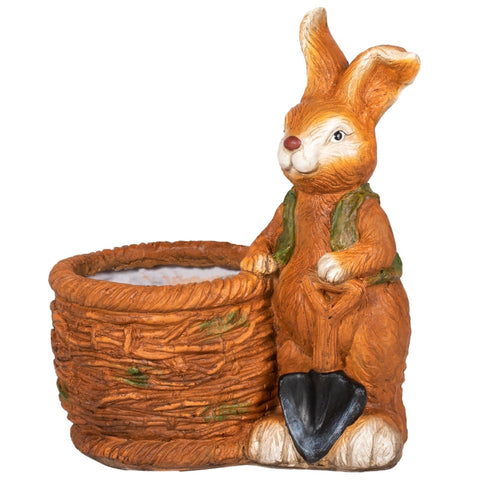 Rootz Flower Pot - Rabbit with Wicker Basket - Whimsical Garden Planter - Weatherproof Resin - 45cm x 27cm x 50cm - Brown