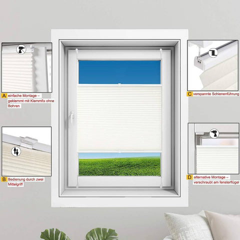 Rootz Pleated Blinds - Window Shades - Easyfix Shades - No Drilling Required - 100% Polyester - White - 80x220 cm