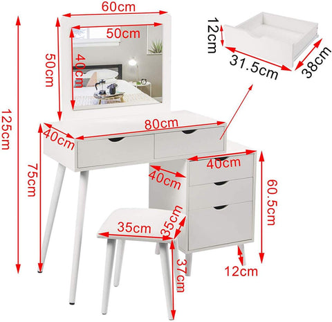 Rootz Cosmetic Dressing Table Set with Stool - Vanity Desk - Makeup Station - Ample Storage, Versatile Design, Built-in Large Mirror - MDF and Glass - 80cm x 40cm x 125cm