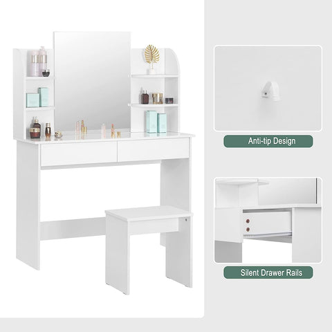 Rootz Dressing Table Set with Stool and Mirror - Vanity Desk - Makeup Table - High-Quality Wood - Ample Storage - Large Mirror - Durable Design - 40cm x 143cm x 108cm