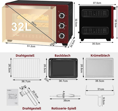 Rootz krachtige mini-oven - compact keukenapparaat - elektrische oven - snelle verwarming - grote capaciteit - eenvoudig schoon te maken - 51,8 cm x 32,5 cm x 37,8 cm