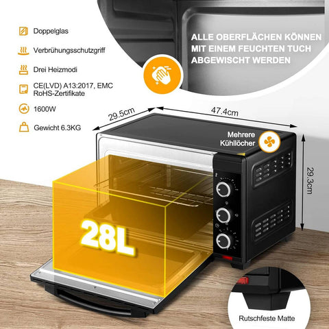 Rootz Mini Oven - Compact Electric Oven - Countertop Cooker - Adjustable Temperature, Timer Control, Versatile Accessories - Safe Double Glass Door - 47.4cm x 29.5cm x 29.3cm
