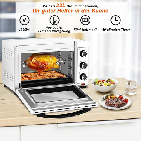 Rootz 32L Mini Oven - Compact Oven - Countertop Oven - Fast Heating - Large Capacity - Easy Clean - 51.8cm x 32.5cm x 37.8cm