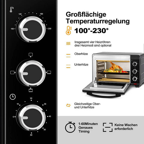 Rootz Mini Oven - Compact Electric Oven - Countertop Cooker - Adjustable Temperature, Timer Control, Versatile Accessories - Safe Double Glass Door - 47.4cm x 29.5cm x 29.3cm