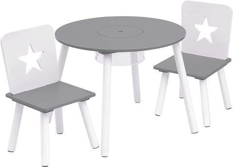 Rootz Children's Seating Group - Star-Patterned Table and Chairs - Kids' Furniture Set with Storage - Engaging Design - Safe and Durable - MDF and Pine Wood - Table: φ59.5 x 46 cm, Chair: 28.3 x 51.5 x 28.3 cm