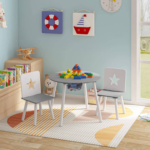 Rootz Children's Seating Group - Star-Patterned Table and Chairs - Kids' Furniture Set with Storage - Engaging Design - Safe and Durable - MDF and Pine Wood - Table: φ59.5 x 46 cm, Chair: 28.3 x 51.5 x 28.3 cm