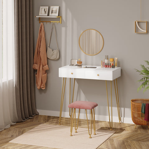 Rootz Elegant Dressing Table Set - Vanity Desk - Makeup Station - Detachable Round Mirror - Ample Storage - Durable Build - White and Gold - 80cm x 40cm x 81cm