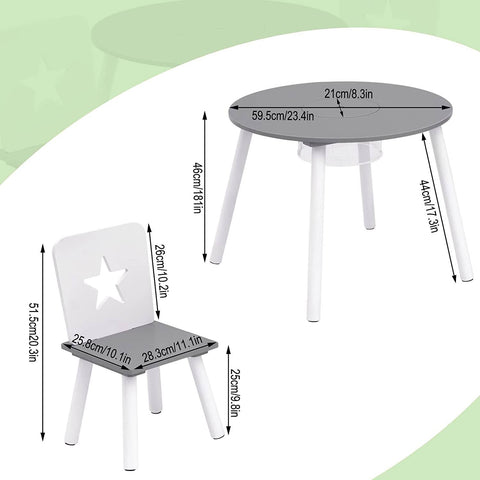 Rootz kinderzitgroep - tafel en stoelen met sterrenpatroon - kindermeubelset met opbergruimte - aantrekkelijk ontwerp - veilig en duurzaam - MDF en grenenhout - tafel: φ59,5 x 46 cm, stoel: 28,3 x 51,5 x 28,3 cm