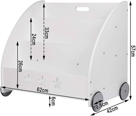 Rootz Children's Bookshelf - Kids' Storage Organizer - Nursery Bookcase - Safe MDF Material, Decorative Design, Mobile with Wheels - 62cm x 57cm x 42cm