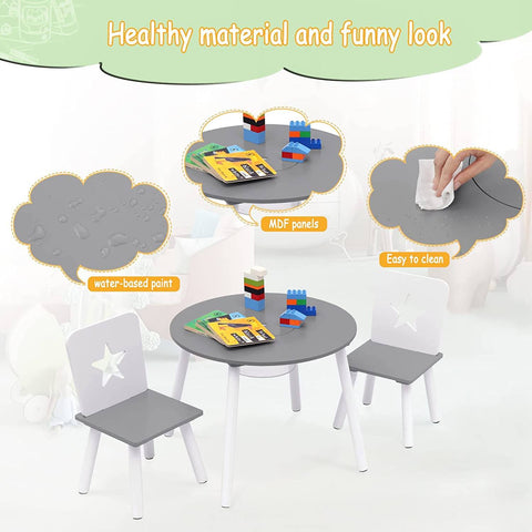 Rootz Children's Seating Group - Star-Patterned Table and Chairs - Kids' Furniture Set with Storage - Engaging Design - Safe and Durable - MDF and Pine Wood - Table: φ59.5 x 46 cm, Chair: 28.3 x 51.5 x 28.3 cm