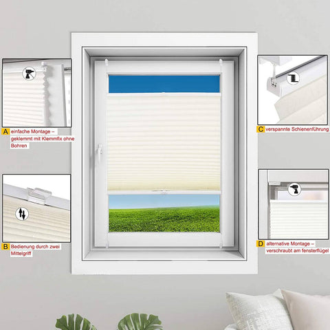 Rootz Pleated Blind - No Drill Shades - Window Covering - Sun Protection - Easy Install - 70cm x 150cm