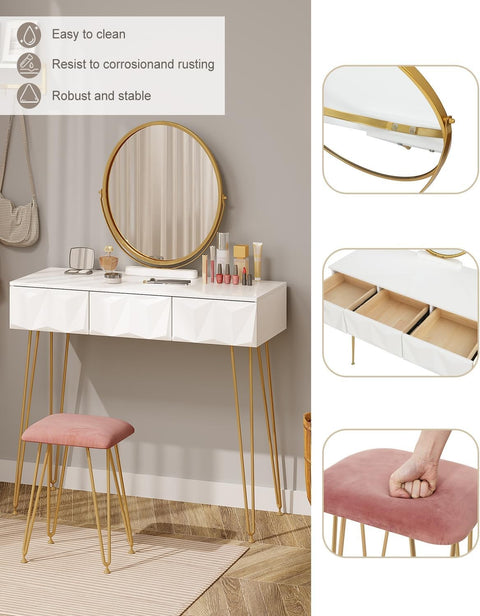 Rootz Elegant Dressing Table Set - Vanity Table - Makeup Desk - Stable & Durable - Efficient Storage - Luxurious Comfort - 100cm x 79cm x 40cm