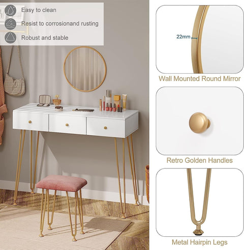 Rootz Elegant Dressing Table Set - Vanity Table - Makeup Desk - Enhanced Visual Clarity - Multi-functional Design - Luxurious Materials - 100cm x 40cm x 79cm