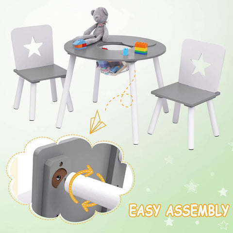 Rootz Children's Seating Group - Star-Patterned Table and Chairs - Kids' Furniture Set with Storage - Engaging Design - Safe and Durable - MDF and Pine Wood - Table: φ59.5 x 46 cm, Chair: 28.3 x 51.5 x 28.3 cm