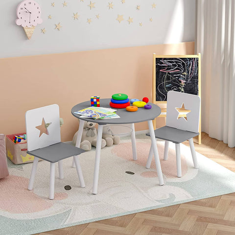 Rootz Children's Seating Group - Star-Patterned Table and Chairs - Kids' Furniture Set with Storage - Engaging Design - Safe and Durable - MDF and Pine Wood - Table: φ59.5 x 46 cm, Chair: 28.3 x 51.5 x 28.3 cm