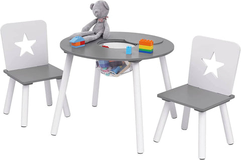 Rootz Children's Seating Group - Star-Patterned Table and Chairs - Kids' Furniture Set with Storage - Engaging Design - Safe and Durable - MDF and Pine Wood - Table: φ59.5 x 46 cm, Chair: 28.3 x 51.5 x 28.3 cm