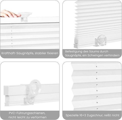 Rootz Pleated Blinds - No Drill - Suction Cup Assembly - Translucent Privacy - 80 x 130 cm - Ideal for Any Smooth Surface