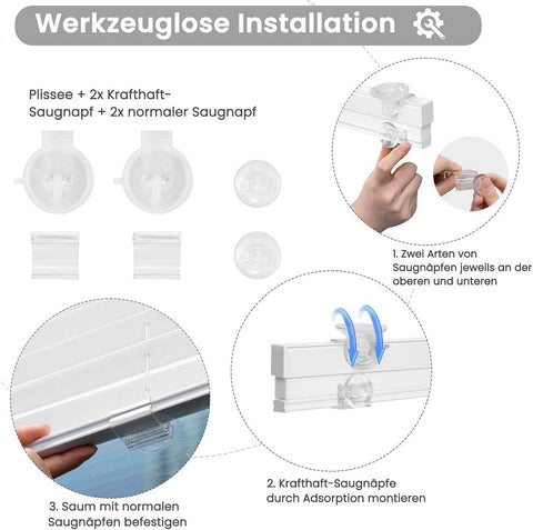 Rootz Pleated Blind - Window Shade - Suction Cup Curtain - Easy Installation - 95cm x 130cm -White