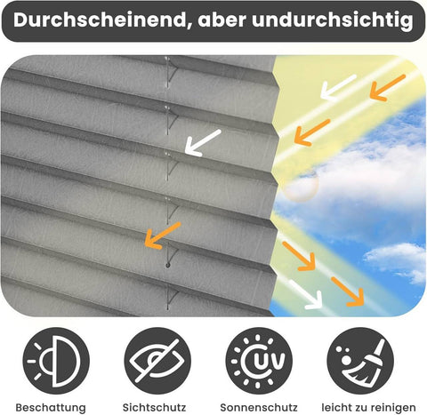 Rootz Pleated Blinds - Window Coverings - Suction Cup Blinds - Privacy Protection - Translucent Gray - 60cm x 130cm