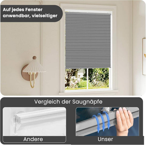Rootz Pleated Blinds with Suction Cups - No Drill Window Shades - Grey Blinds - Easy Installation - 100 x 120 cm