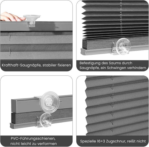 Rootz Pleated Blinds - Window Coverings - Suction Cup Blinds - Privacy Protection - Translucent Gray - 60cm x 130cm