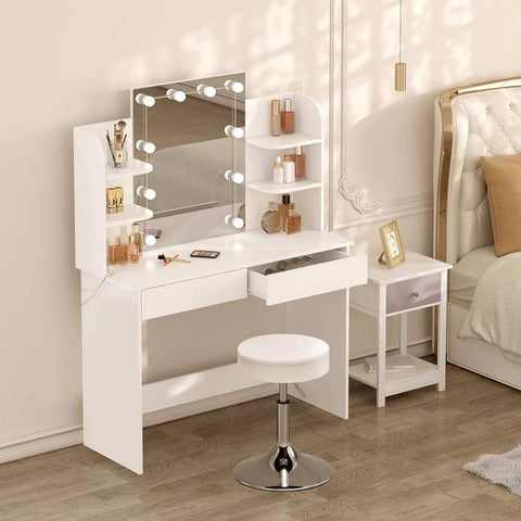 Rootz White Dressing Table with Stool - Makeup Vanity - Beauty Desk - Adjustable LED Lighting - Ample Storage - Durable Construction - 108cm x 142cm x 40cm