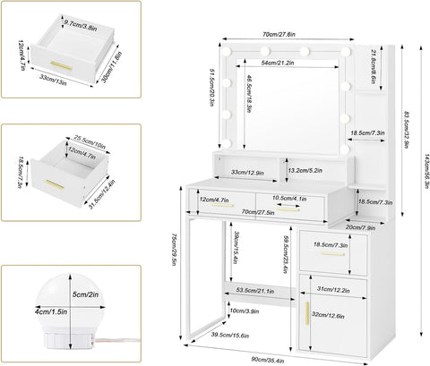 Rootz Dressing Table with LED Mirror - Vanity Desk - Makeup Table - Adjustable Brightness, Spacious Storage, Durable Build - 90cm x 143cm x 39.5cm