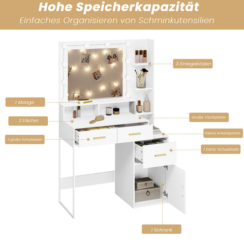 Rootz Kaptafel met LED-spiegel - Vanity Desk - Make-uptafel - Verstelbare helderheid, ruime opbergruimte, duurzame constructie - 90 cm x 143 cm x 39,5 cm