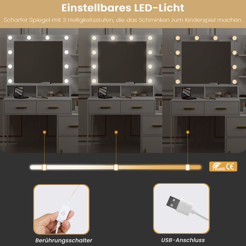 Rootz Dressing Table with LED Mirror - Vanity Desk - Makeup Table - Adjustable Brightness, Spacious Storage, Durable Build - 90cm x 143cm x 39.5cm