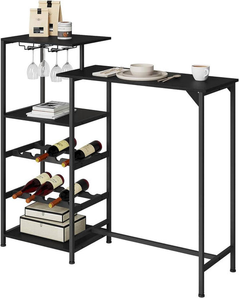 Rootz multifunctionele bartafel - tafelbladen met twee niveaus - opbergtafel - geïntegreerde wijnrekken - duurzaam E1 hout en metaal - B129,5 x H117 x D38 cm