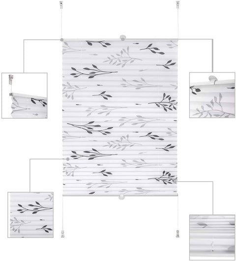 Rootz Pleated Folding Blind - Grey Branch Motif - Clamping Roller - Privacy Protector - 80cm x 130cm - Tear-resistant Polyester