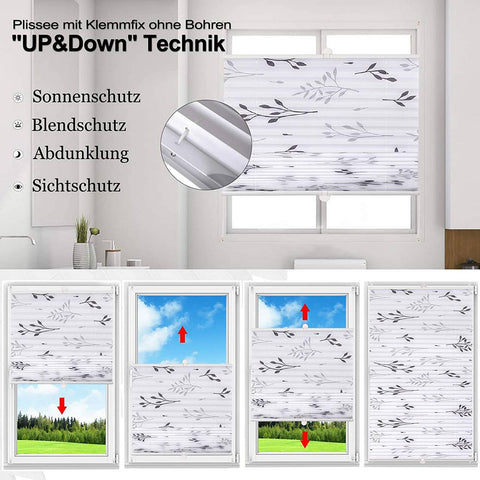 Rootz Pleated Folding Blind - Window Shade - Roller Blind - Easy Installation - Grey Branch Motif - 65cm x 130cm