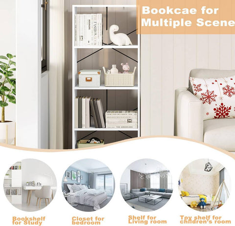 Rootz Modern White 4-Tier Bookshelf - Storage Shelf - Display Rack - Durable E1 Wood - Space-Saving - Scratch-Resistant - 60cm x 149cm x 30cm